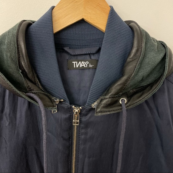 TNA, Blue, Bomber Jacket, Leather Hood, Size Large - Picture 2 of 7